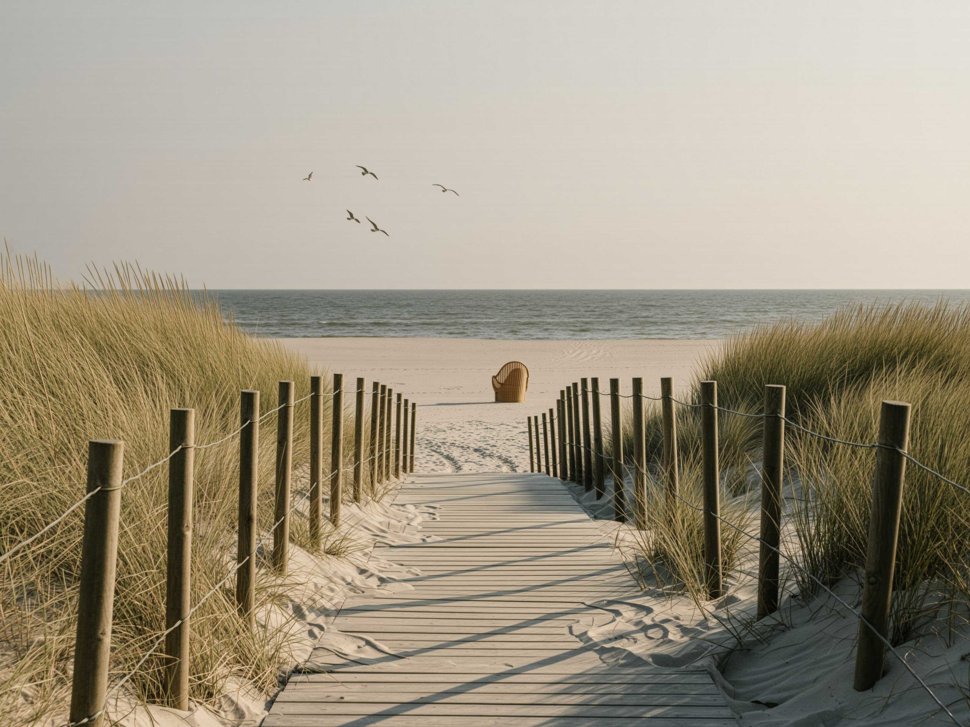 Bohlenweg durch die Dünen zum Strand, am Ende ein Strandkorb und die Nordsee