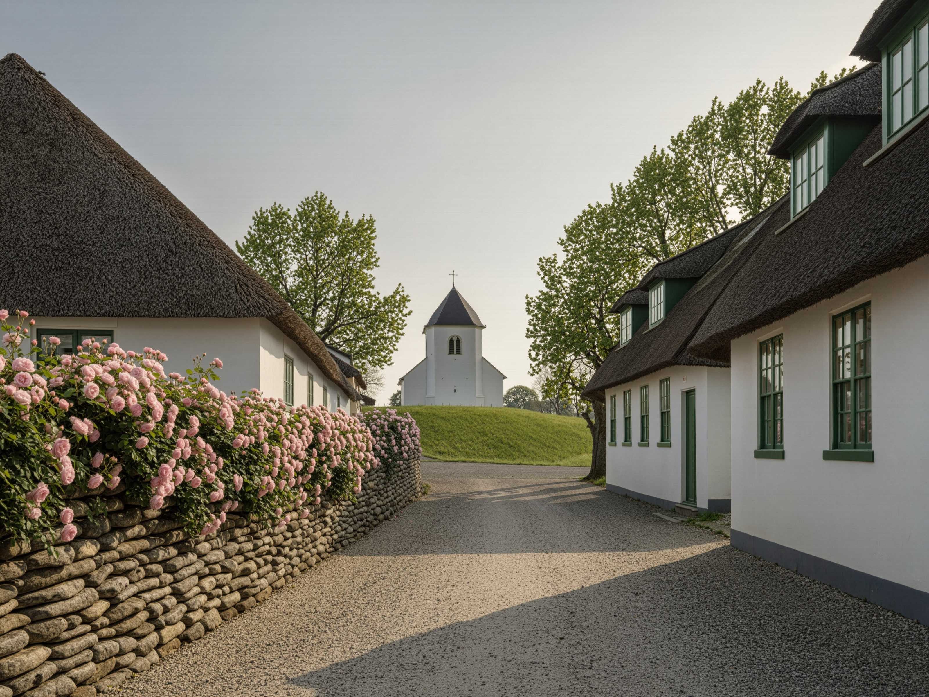 Gasse in Keitum mit Friesenwall, Rosen und reetgedeckten Häusern; am Ende der Turm von St. Severin