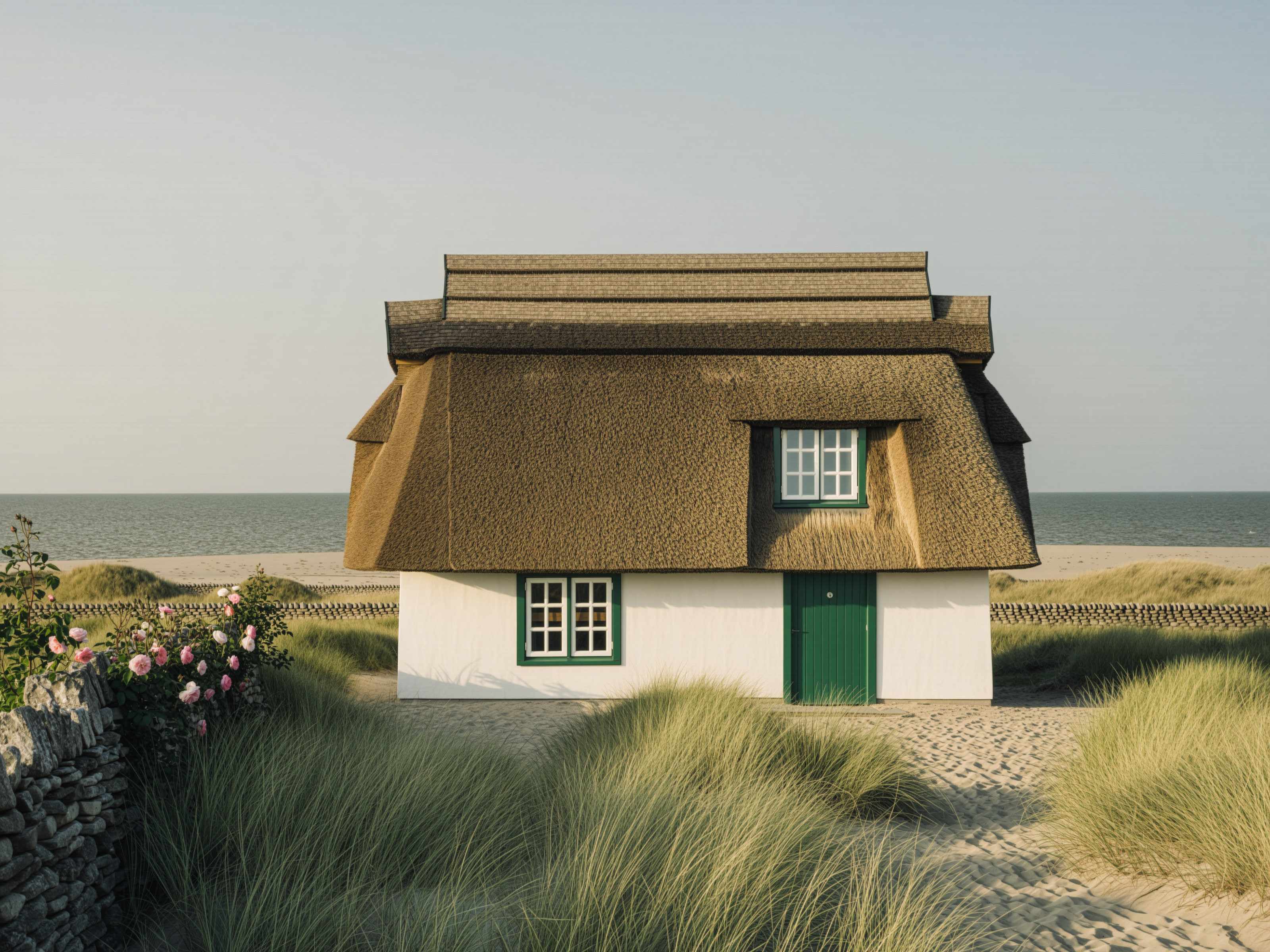 Reetgedecktes Friesenhaus mit grünen Fensterrahmen in den Dünen bei Keitum, dahinter das Wattenmeer im späten Nachmittagslicht