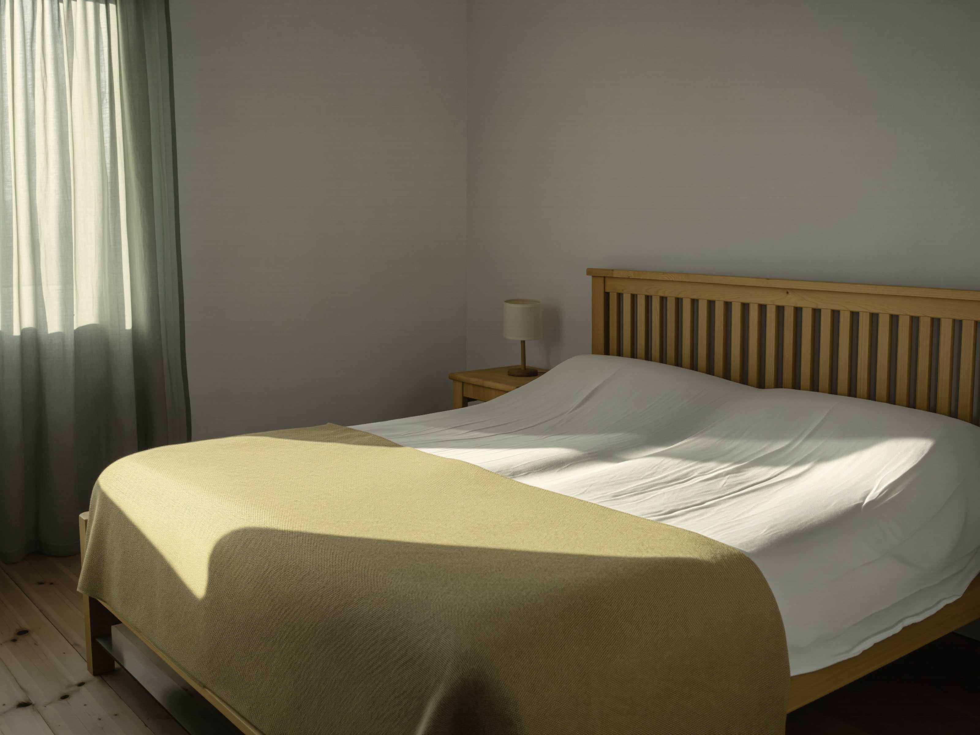 Schlafzimmer mit Doppelbett, weißem Leinen, strohfarbener Decke und tief stehender Sonne durch das Fenster
