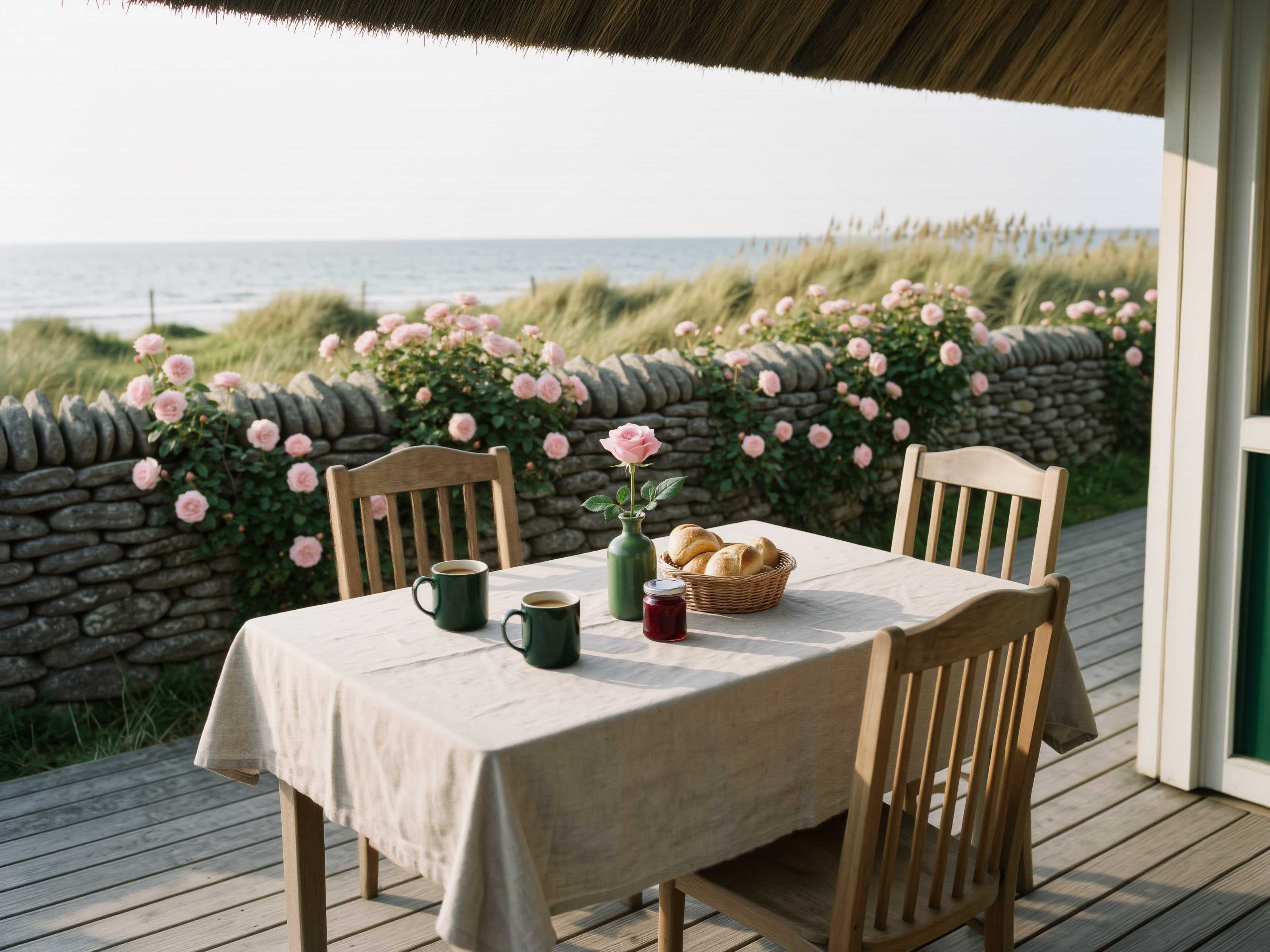 Frühstückstisch auf einer Holzterrasse mit Brötchen, Kaffee und Rosen am Friesenwall, dahinter Garten und Watt