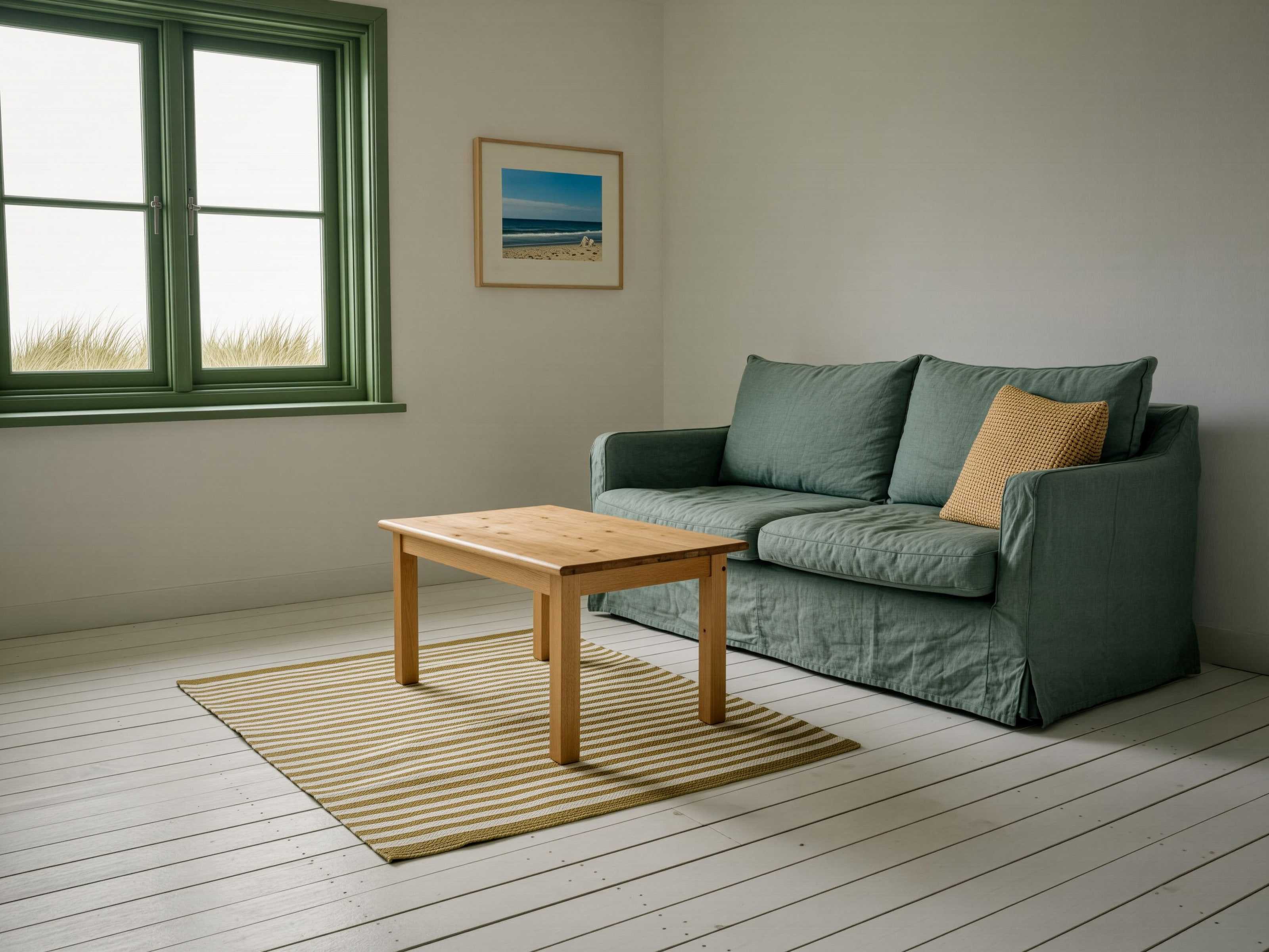 Helles Wohnzimmer mit weißen Dielen, grünem Sofa und einem Fenster mit Blick auf das Wattenmeer